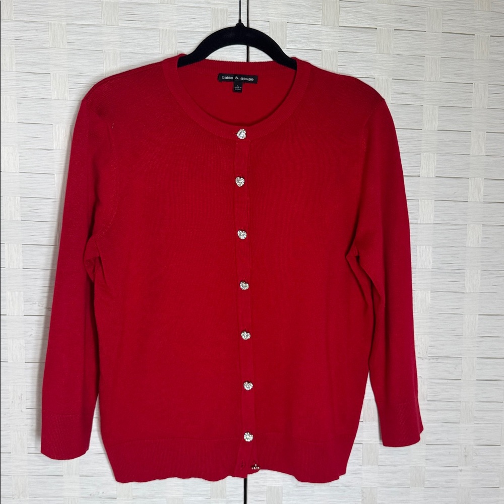 Cable & Gauge Red Cardigan Heart Rhinestone Button Down Sweater Size Large